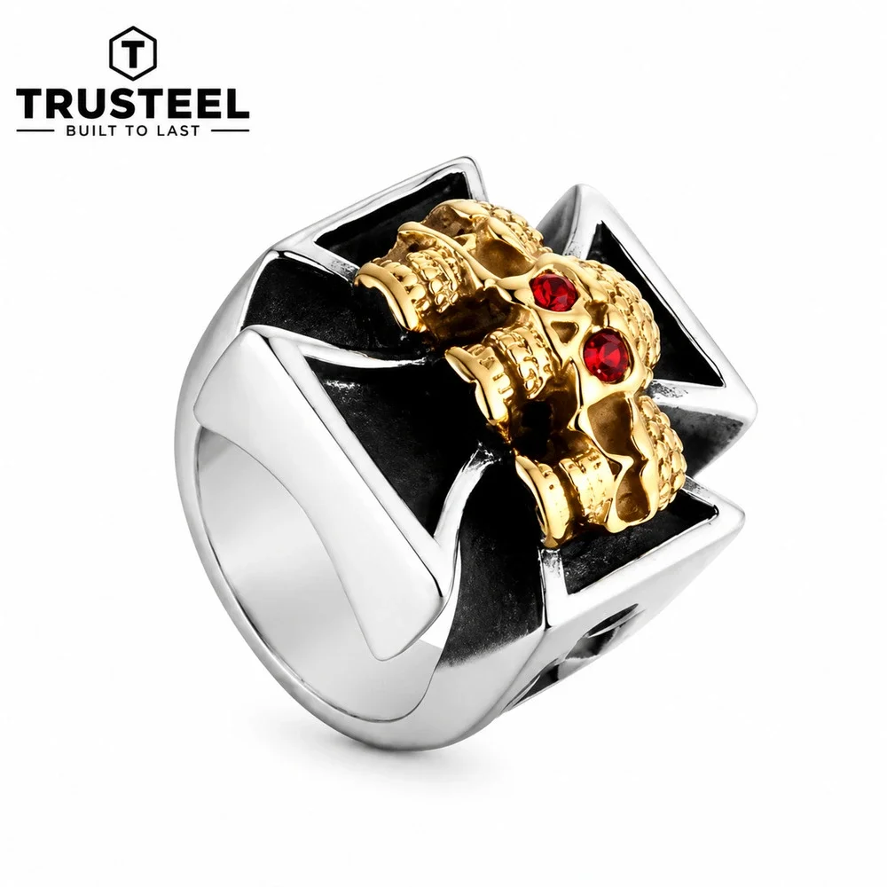 316L Stainless Steel Iron Cross Ring Gold Triple Skull Red Eyes Biker Men Size 9